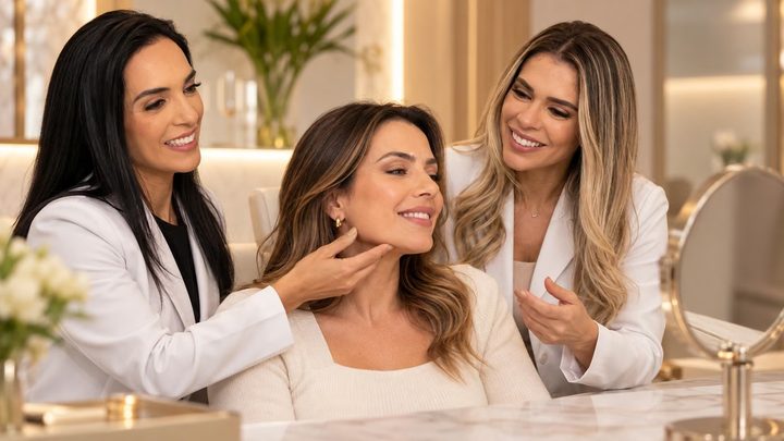Dra. Fernanda e Dra. Luciana realizando avaliação facial personalizada na Essencial Odonto BH