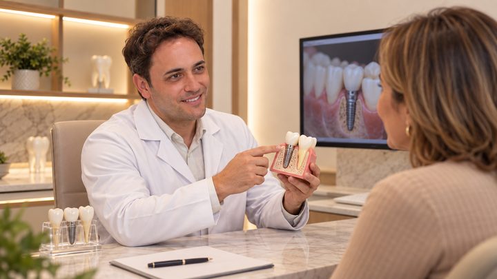 Dr. Rodrigo explicando indicação de implante dentário com modelo odontológico na Essencial Odonto BH