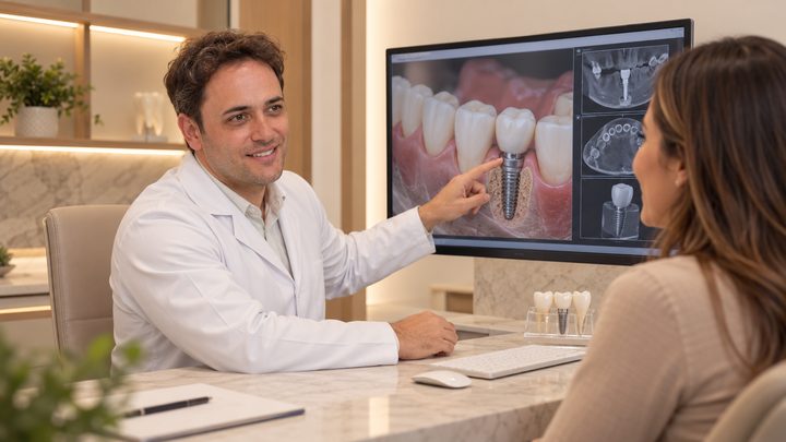 Dr. Rodrigo apresentando opções de reposição dentária em planejamento digital na Essencial Odonto BH