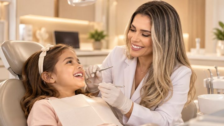 Dra. Luciana em consulta odontológica infantil de prevenção bucal na Essencial Odonto BH