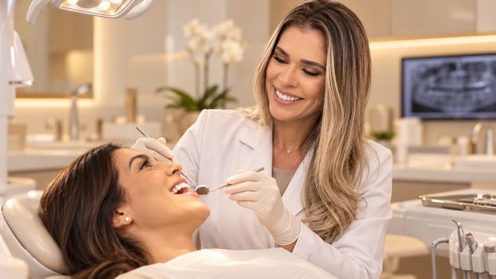 Dra. Luciana realizando check-up odontológico acolhedor na Essencial Odonto BH